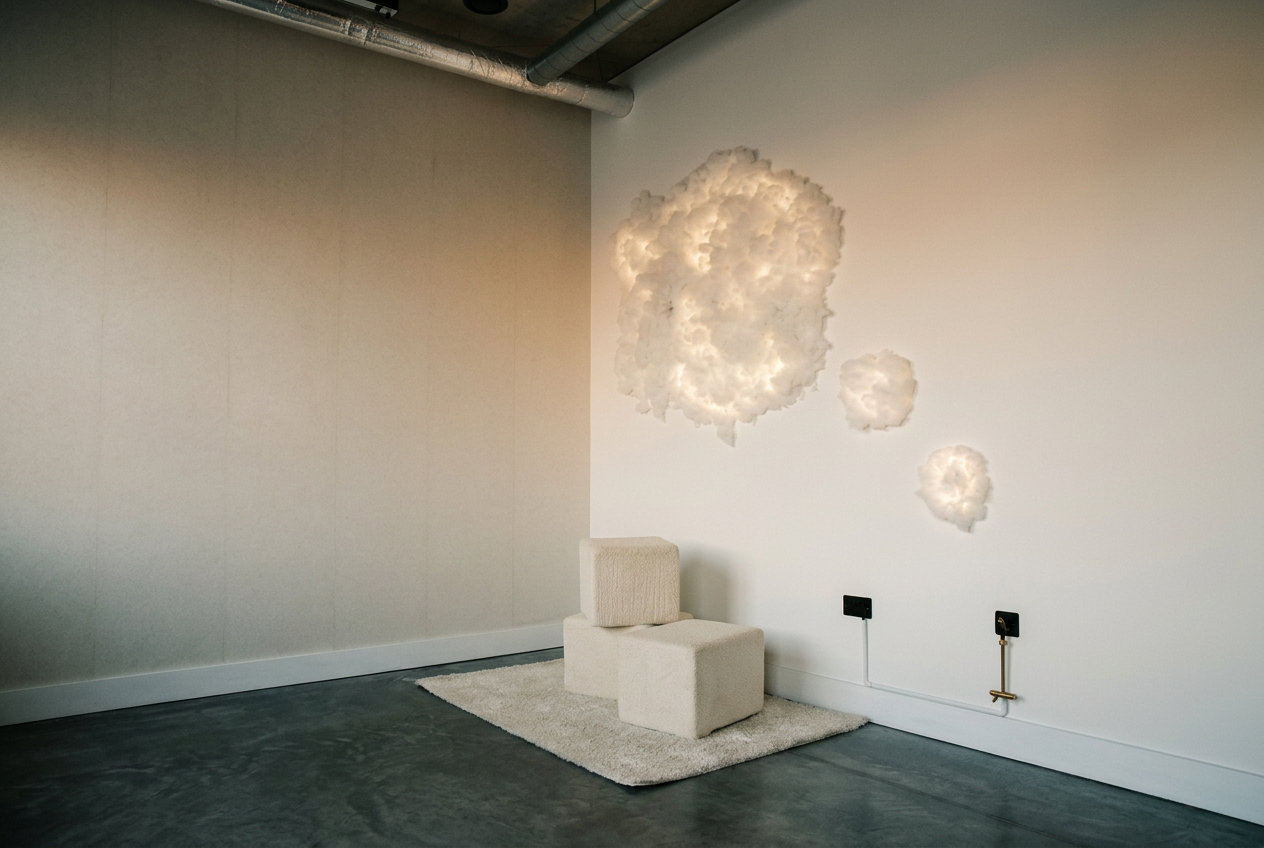 Polyfill cloud wall lit warmly above a boucle seat