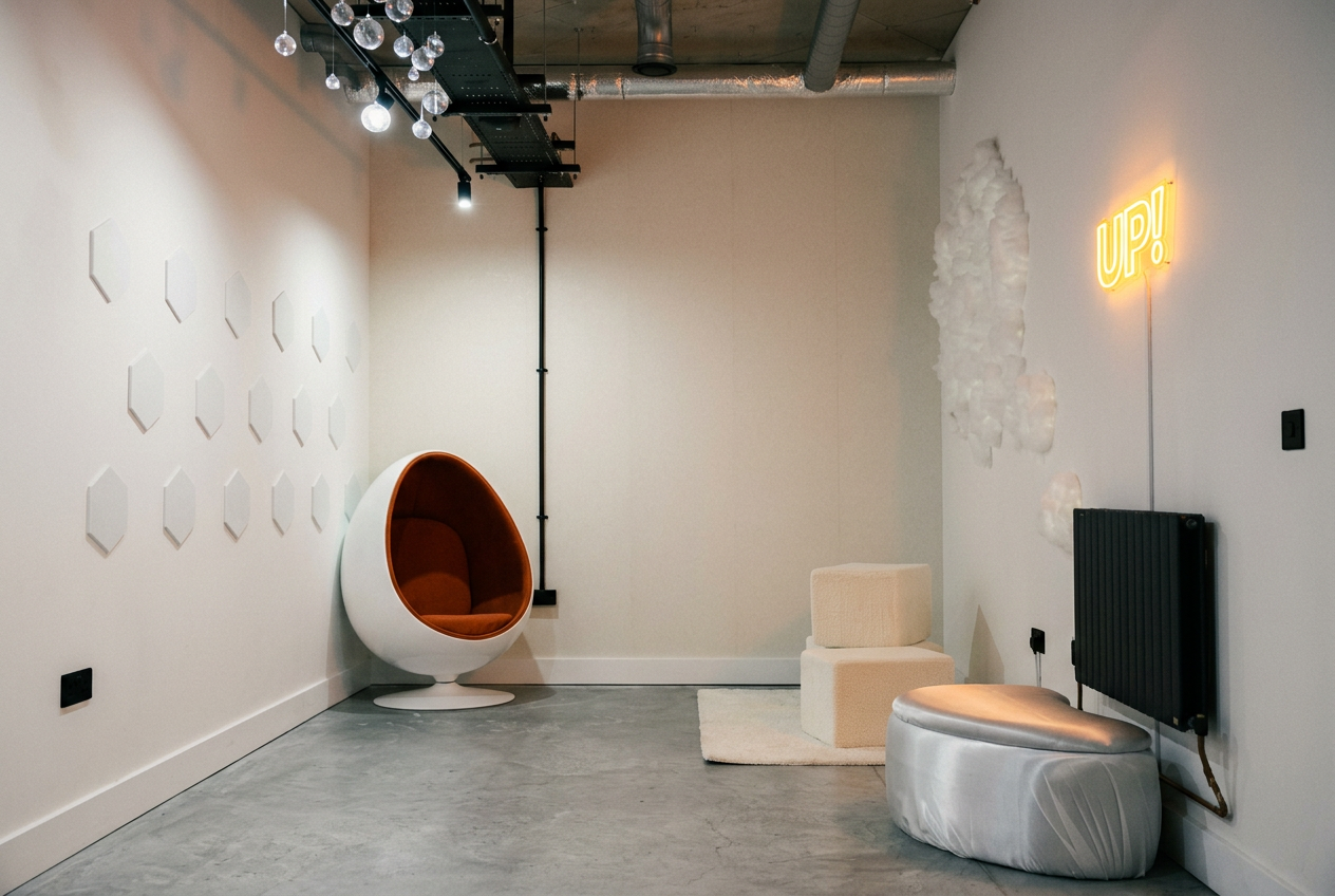 Modular oak prop blocks lit with warm orange light