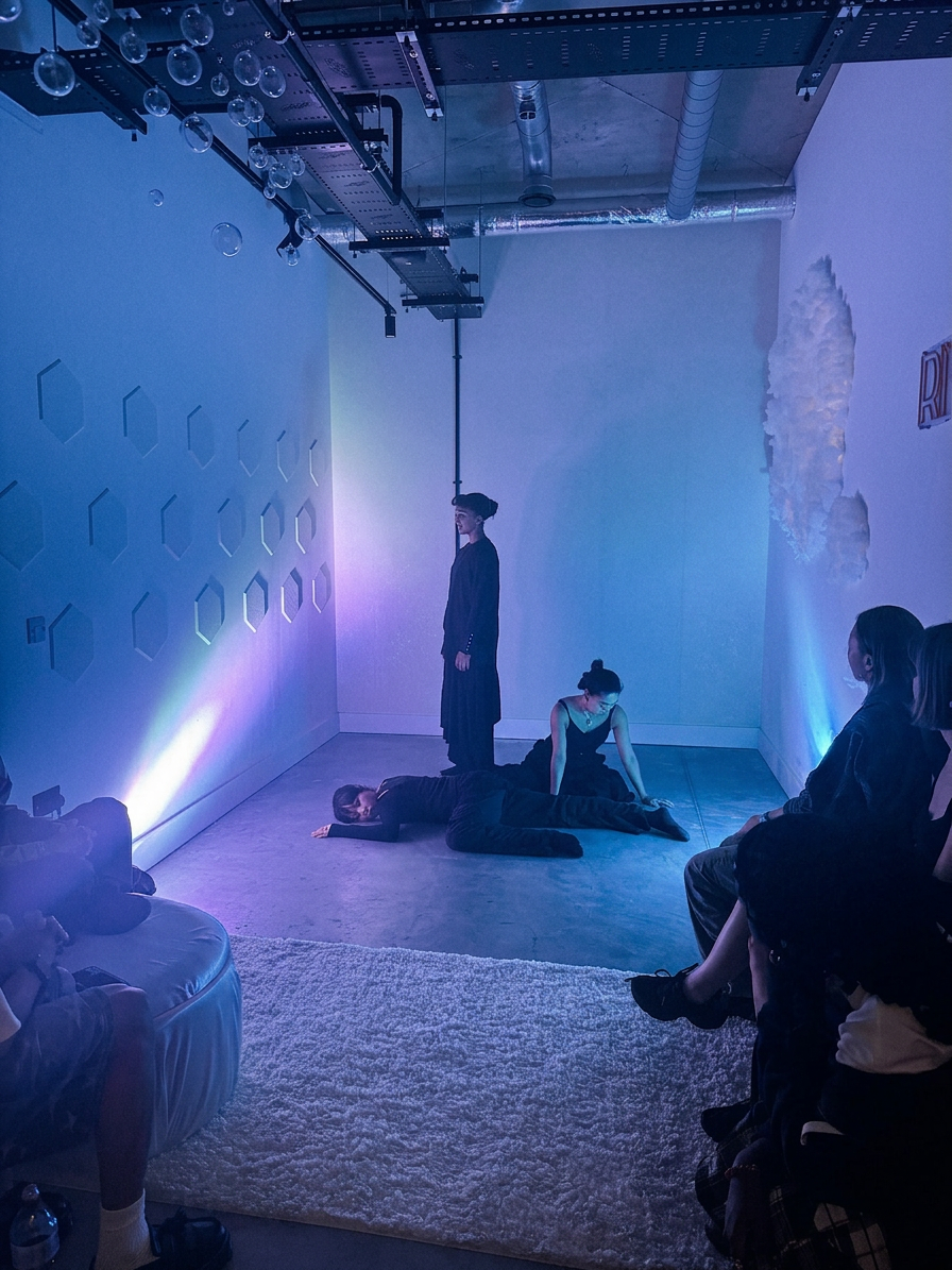 Performance under blue and violet stage light — figures in black on the cyclorama floor