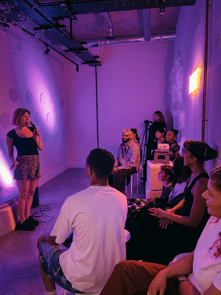 Conceptual workshop in violet and pink light with hexagon wall installation